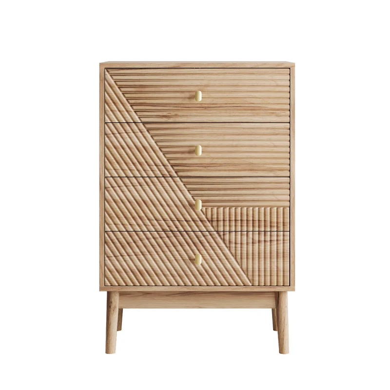 Commode scandinave 4 tiroirs effet bois chêne 4 tiroirs sculptées et pieds évasés 60x40x90cm QUANTAAI