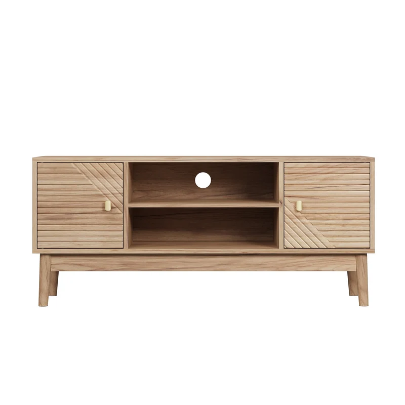 Meuble TV en bois clair avec portes sculptées et pieds évasés poignées dorées 110x40x48cm ELYSIUMLSE