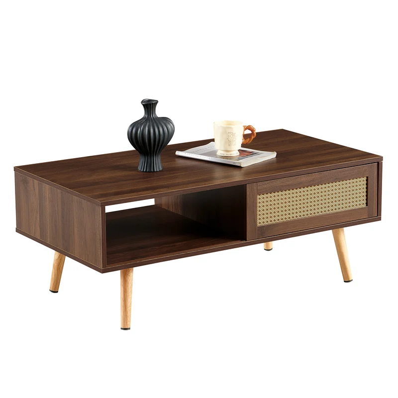 Table basse effet bois noyer en rotin tressé avec portes coulissantes 105x55x40cm HORIZONIAM