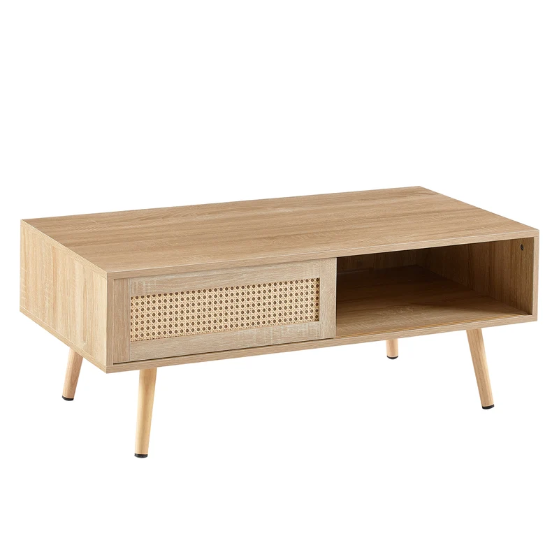 Table basse effet bois en rotin tressé avec portes coulissantes, pieds en bois massif 105x55x40cm LYRICIA