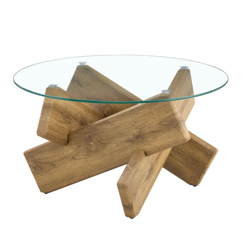 Table basse ronde effet bois en verre trempé pieds croisés 79*79cm NEXUS