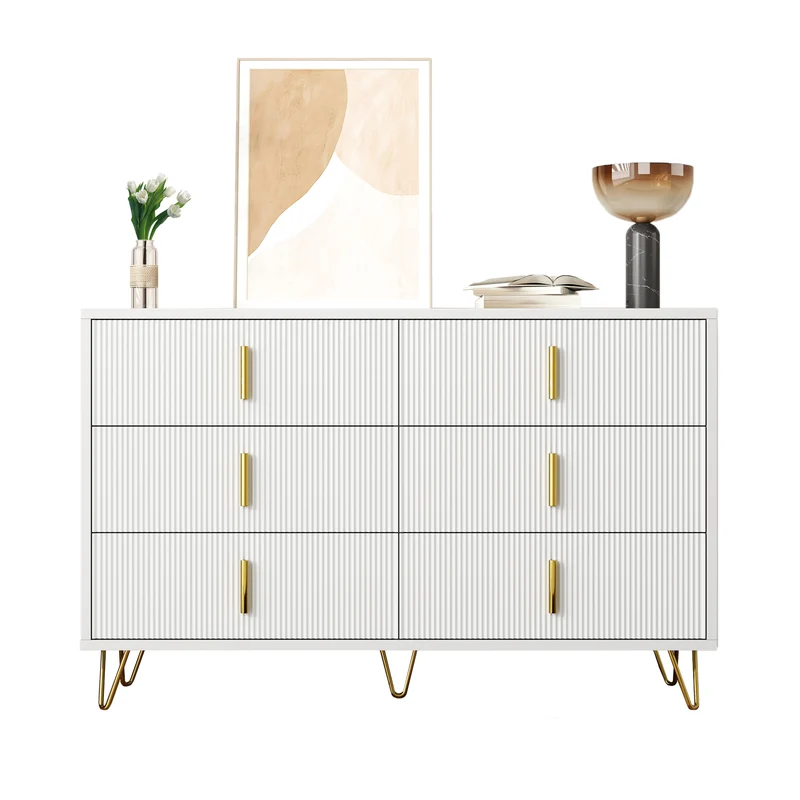 Buffet moderne blanc et or 120x40x77 cm avec 6 tiroirs, grande capacité de rangement, poignées dorées, design élégant pour salon, salle à manger ou chambre MYSTICINE
