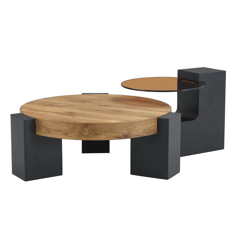 Table basse ronde moderne 2 niveaux effet bois et verre brun transparent, démontable CRESTLA