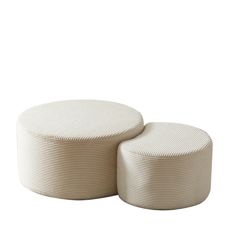 Ensemble de 2 tables basses gigognes rondes rembourrées beige, sans montage ASTRAELLE