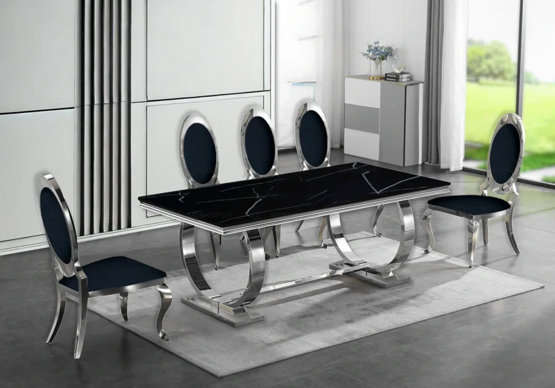 Table marbre noir et 4 chaises médaillon argent – Bobo