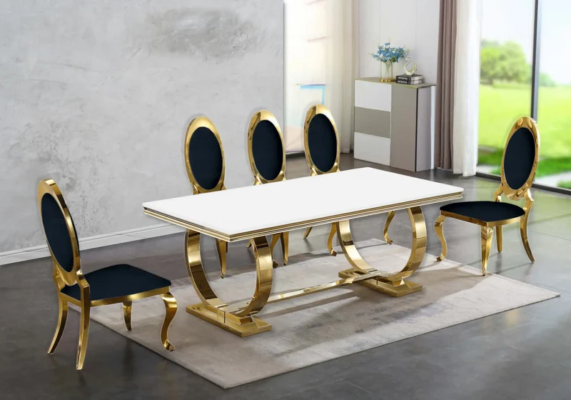 Table verre blanc et 4 chaises médaillon doré – Bobo