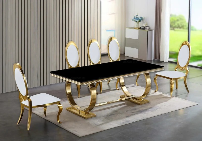 Table verre noir et 4 chaises médaillon doré – Bobo