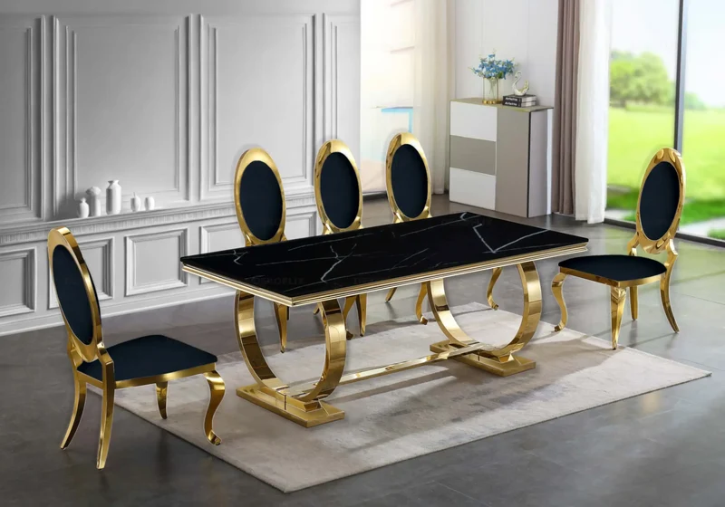 Table marbre noir et 4 chaises médaillon doré – Bobo