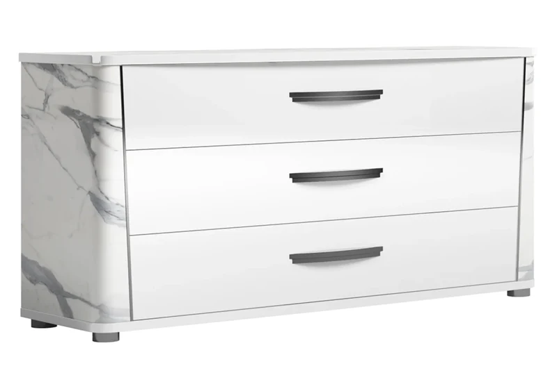 Commode 3 tiroirs blanc laqué et décor marbre - Anna