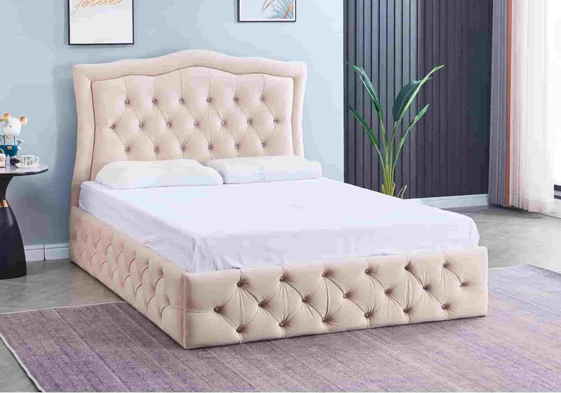 Lit capitonné en velours beige - Melis