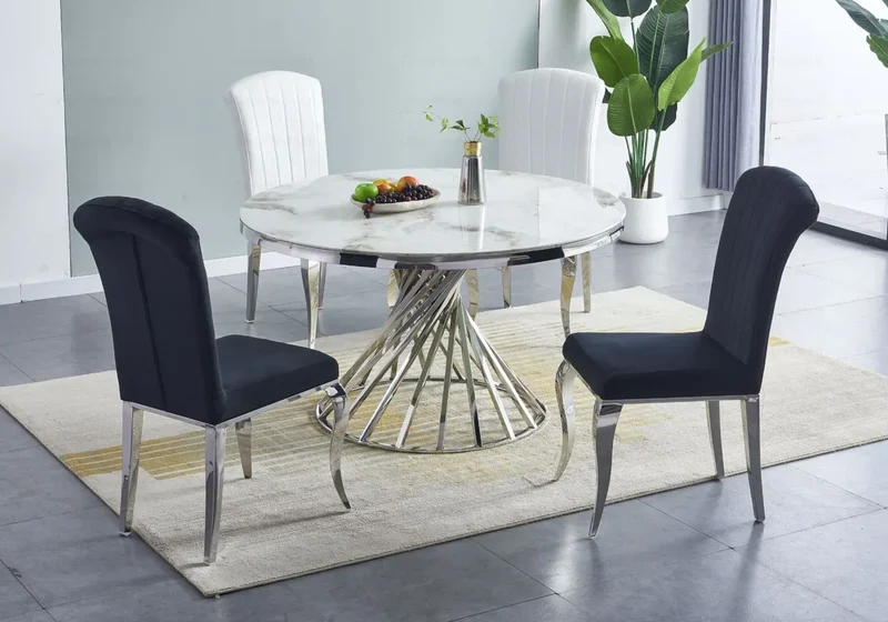 Table à manger ronde marbre beige argent - Ruby