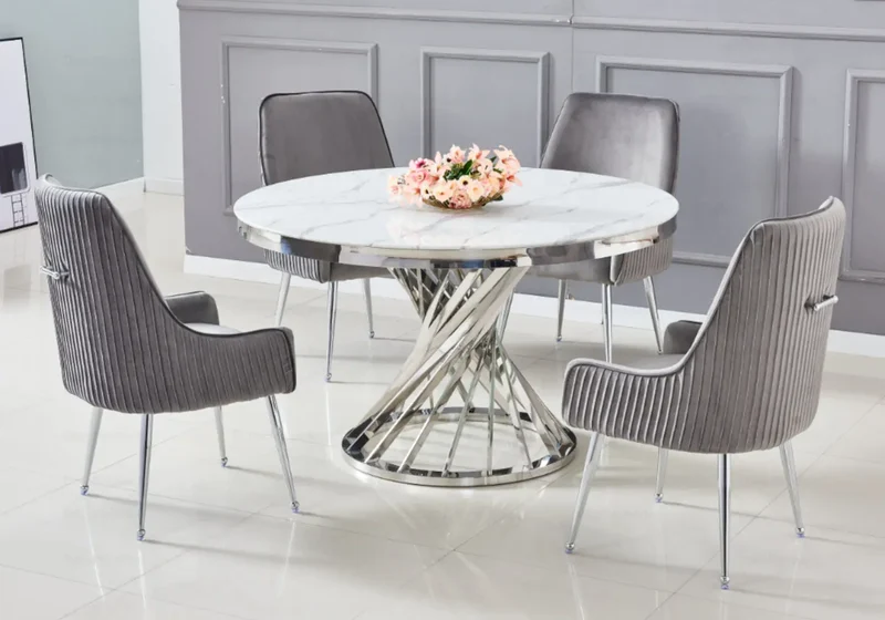 Table à manger ronde marbre blanc argent - Ruby