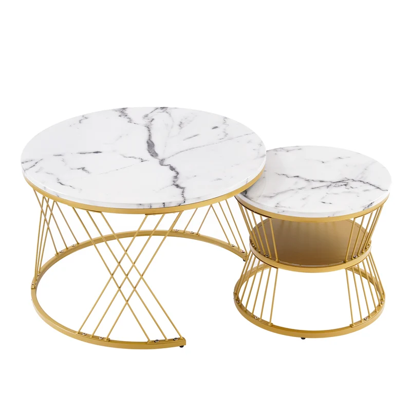Ensemble de 2 tables basses rondes gigognes effet marbre blanc, piètement doré VIBRATIO