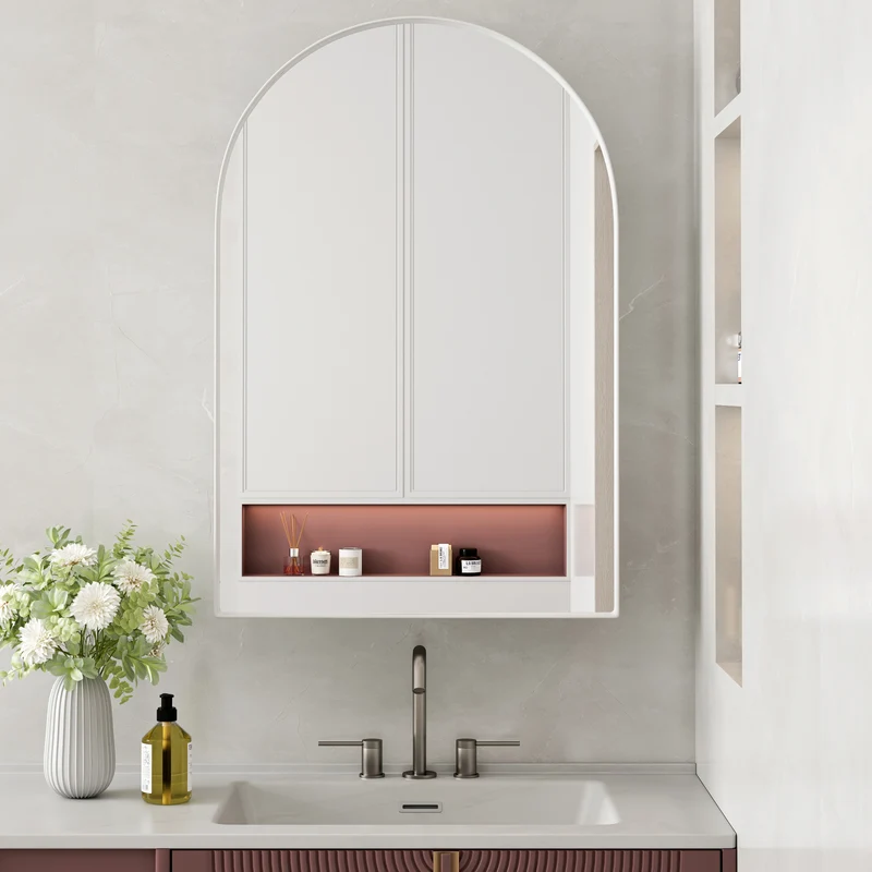 Armoire de toilette blanche avec miroir arqué, rangement mural ou encastré 91x61cm KEYCIRCLE