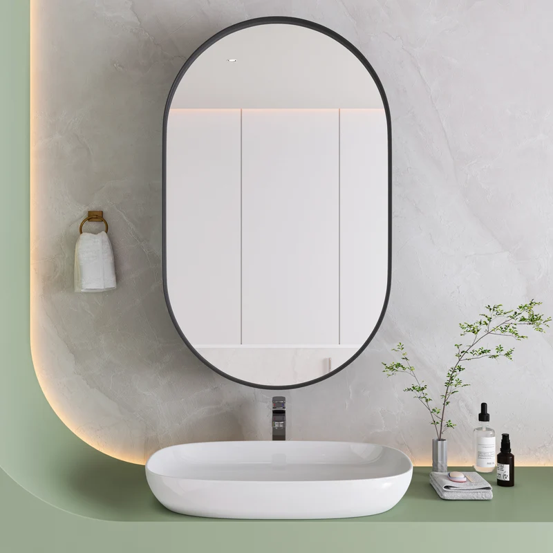 Armoire de toilette avec miroir ovale, cadre noire, mural ou encastré 85x51,5cm OPALGLEAM