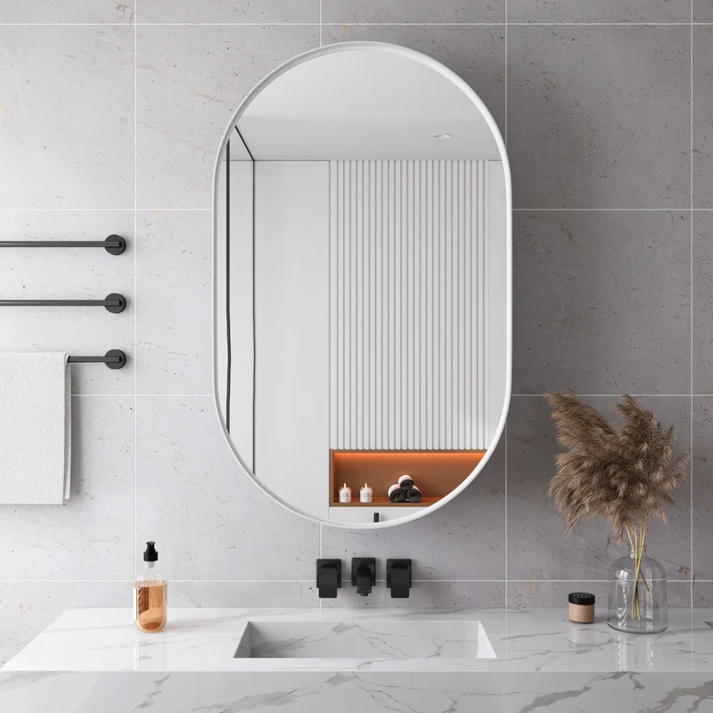 Armoire de toilette blanche miroir ovale, cabinet mural encastré 85x51,5 cm MENHIRPOST