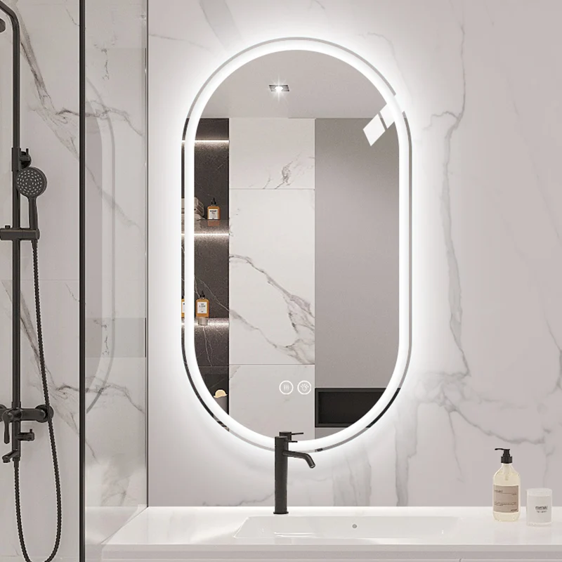 Miroir mural ovale sans cadre 60x90cm avec éclairage LED, anti-buée, tactile, en verre trempé sécurisé FRACTUSGROT