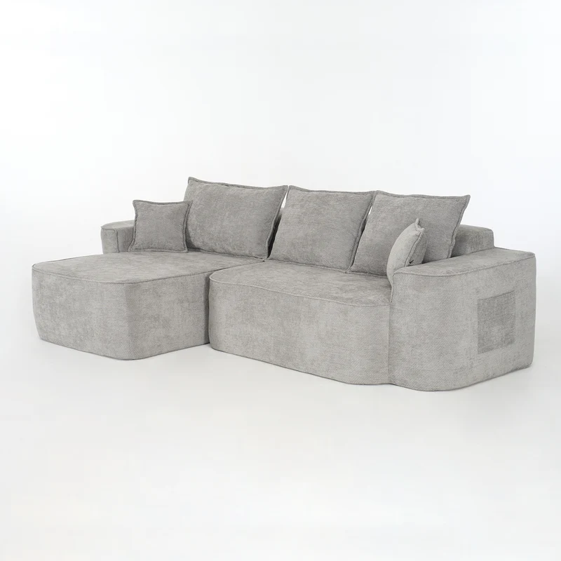 Canapé d'angle XXL L-Form modulable 264cm en chenille gris clair, profond, sans montage, confort moelleux DECENTRA