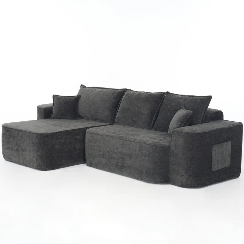 Canapé d'angle XXL L-Form modulable 264cm en chenille noire, profond, sans montage, confort moelleux METAVERS