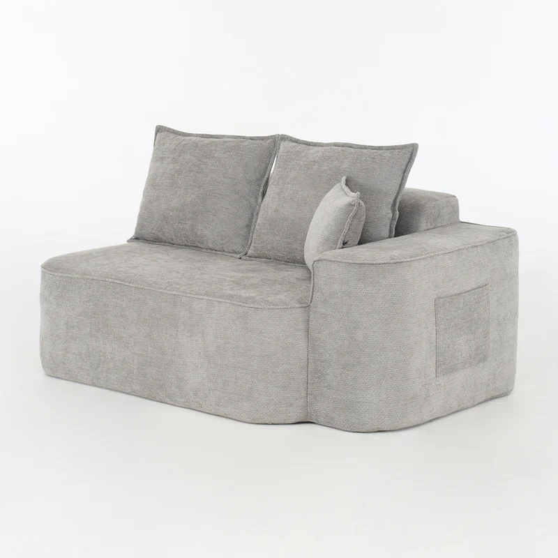 Canapé 2 places sans montage chenille gris clair, poches latérales, assise moelleuse PROCESS