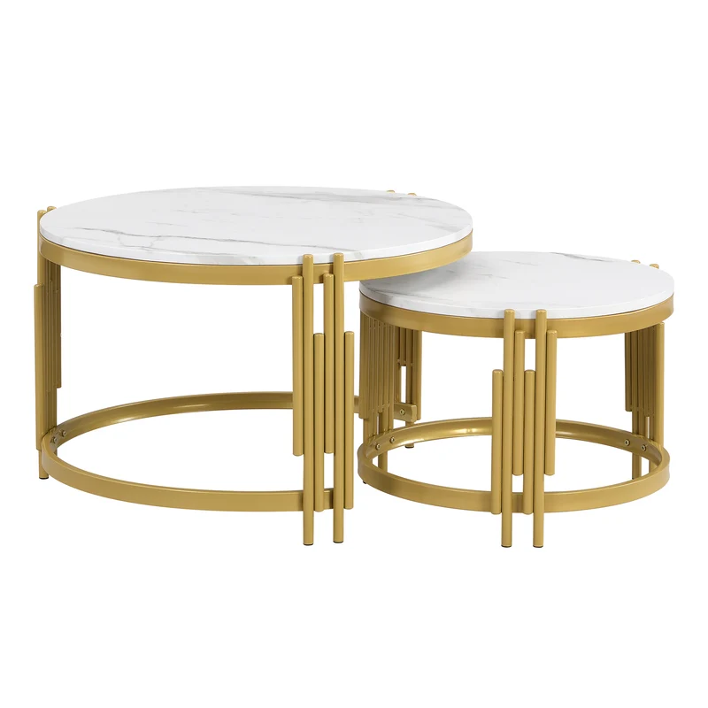Table basse gigogne ronde MDF effet marbre blanc et pieds dorés ANTARESFLARE