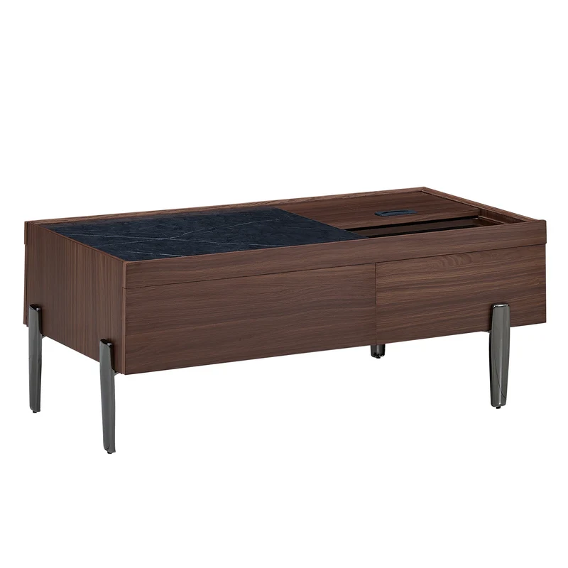 Table basse moderne avec tiroirs, effet marbre verre résistant, bois foncé noyer 105x50x41,5cm SYZYGYLINE