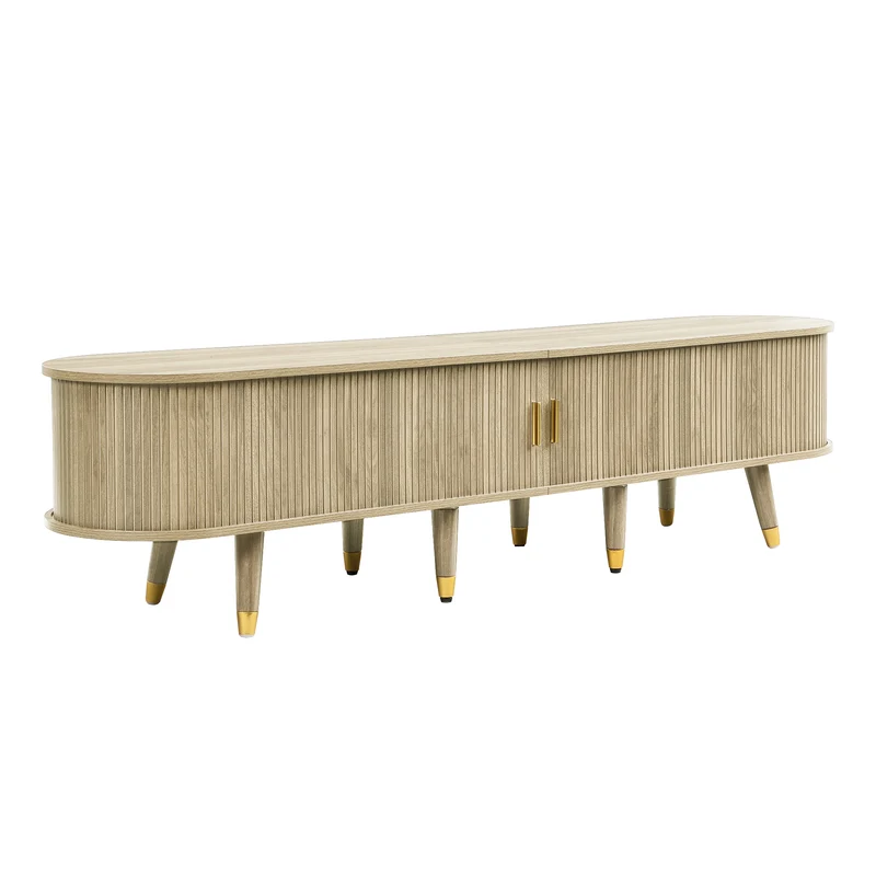 Meuble TV avec portes coulissantes en bois MDF couleur chêne et accents dorés 175x38x45cm LATEXGLOB