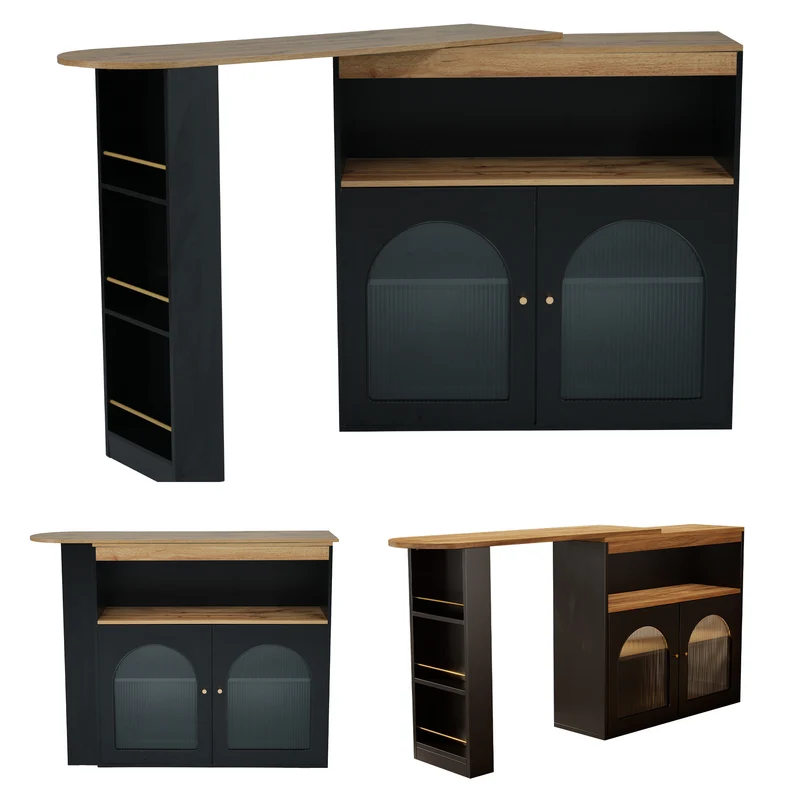 Table de bar extensible rotative moderne noir avec rangement et bande lumineuse LED THRUTELS BLACK