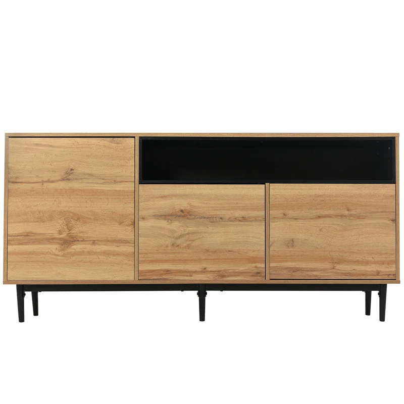 Buffet moderne en bois avec 3 portes 1 niche et étagères 160x35x76 cm OMHAT