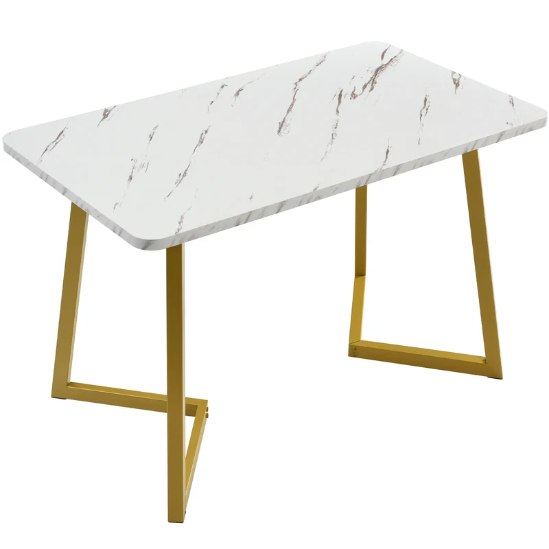 Table de salle à manger rectangulaire en motif marbre moderne avec pieds en métal doré/blanc GILQELS GOLD LEG