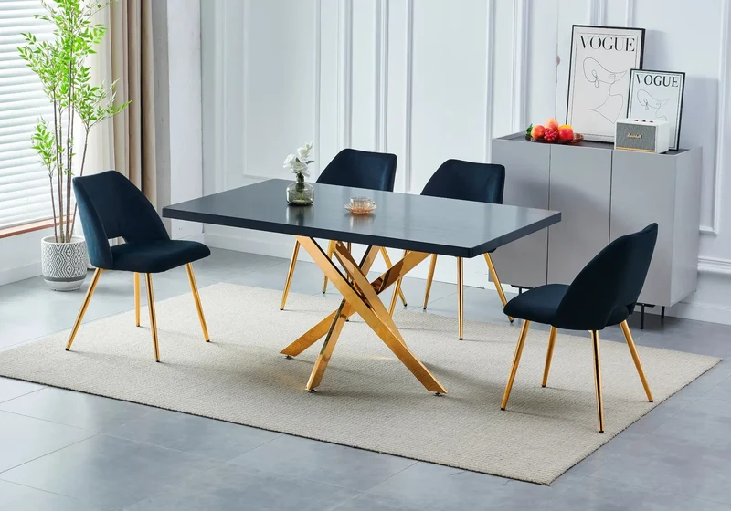 Table à manger et chaises dorées bois noir - Joy