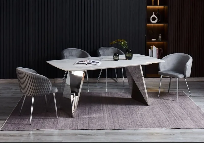 Table à manger chrome céramique marbre blanc - Lala