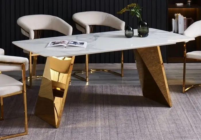 Table à manger doré céramique marbre blanc - Lala
