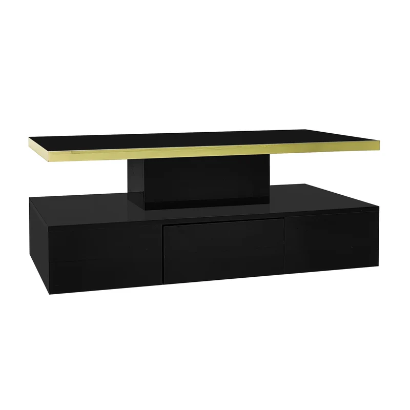 Table basse laquée noire moderne avec éclairage LED et bordure dorée 100x50x38,5cm STARDUST