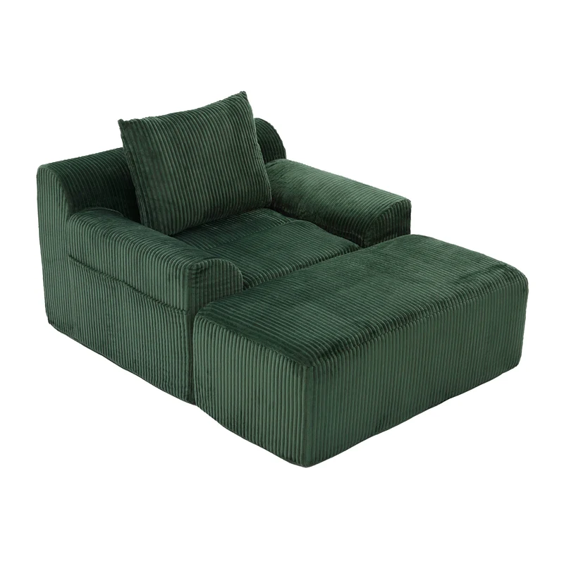 Canapé simple fauteuil XXL en velours côtelé vert, dossier profond, repose pied, coussin & poches latérales, sans montage MILKWEEDFLOSS