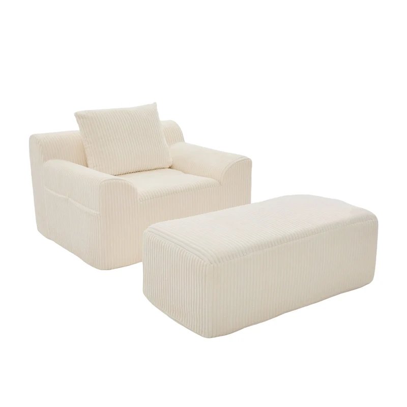 Canapé simple fauteuil XXL en velours côtelé blanc, dossier profond, repose pied, coussin & poches latérales, sans montage TRONACRYSTAL