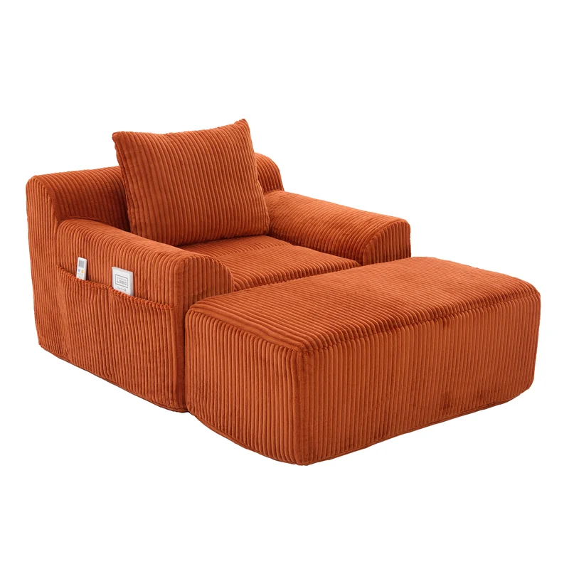 Canapé simple fauteuil XXL en velours côtelé orange, dossier profond, repose pied, coussin & poches latérales, sans montage NEBKHAMOUND