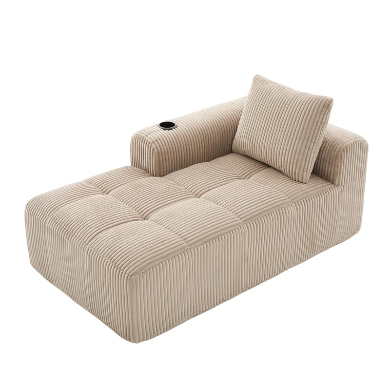 Méridienne droite en velours côtelé beige modulable avec porte-gobelet et poche latérale LAGOONOVAL