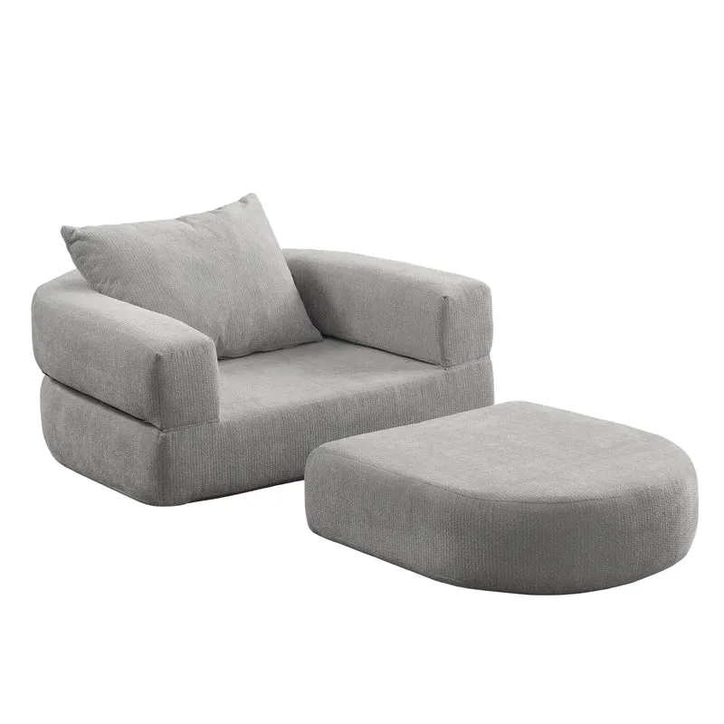 Canapé fauteuil convertible 2-en-1 matelas de sol modulable en chenille gris avec oreiller intégré SALTROAD