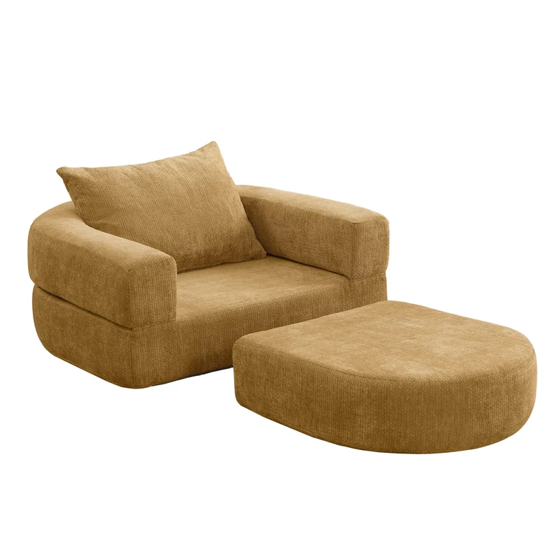 Canapé fauteuil convertible 3-en-1 matelas de sol modulable en chenille jaune avec oreiller intégré DRAGLINE