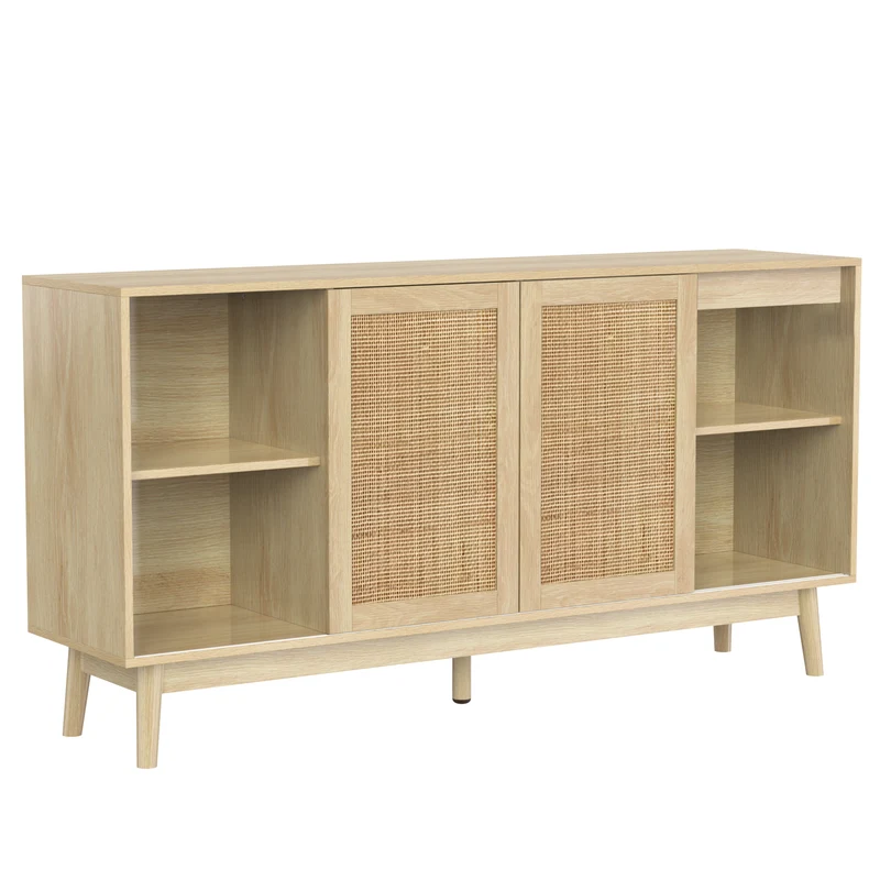 Buffet effet bois avec 3 portes coulissantes en rotin et 2 tiroirs 155x38x80cm USOH WOOD