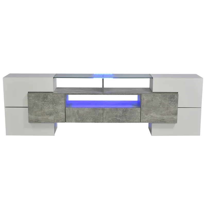 Meuble TV élégant blanc brillant et effet ciment éclairage LED surface en verre STOTTIN