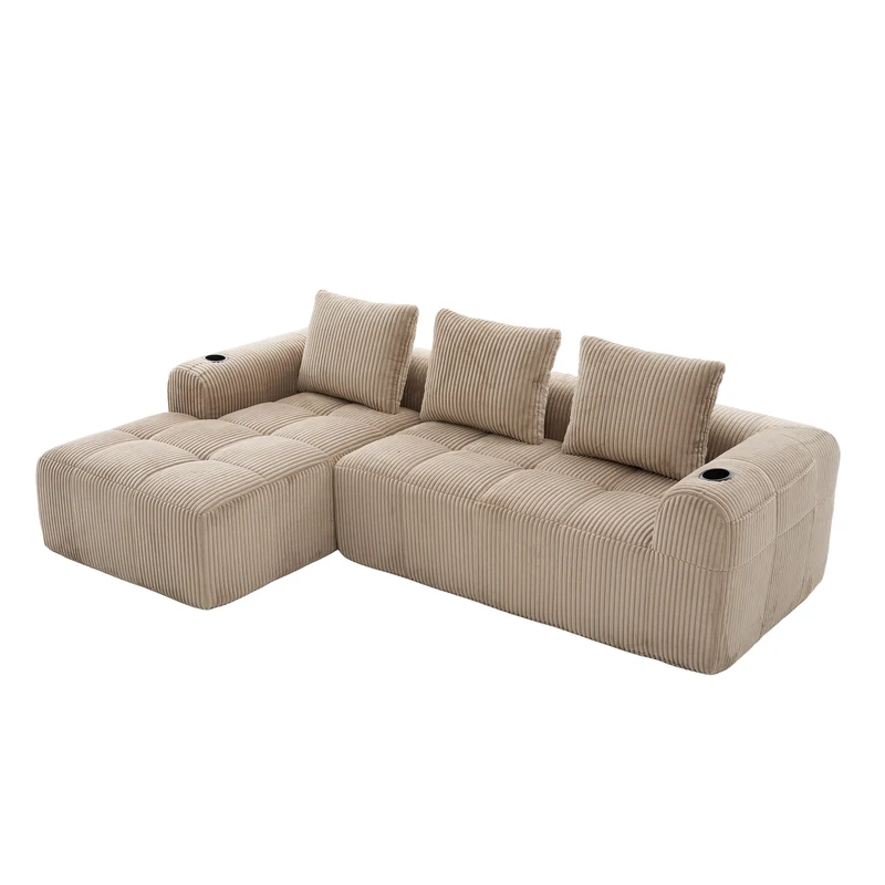 Canapé modulaire compact en velours côtelé beige avec porte-gobelets et poches latérales - convertible 4 places avec 3 coussins inclus SLOUGHSLUDGE