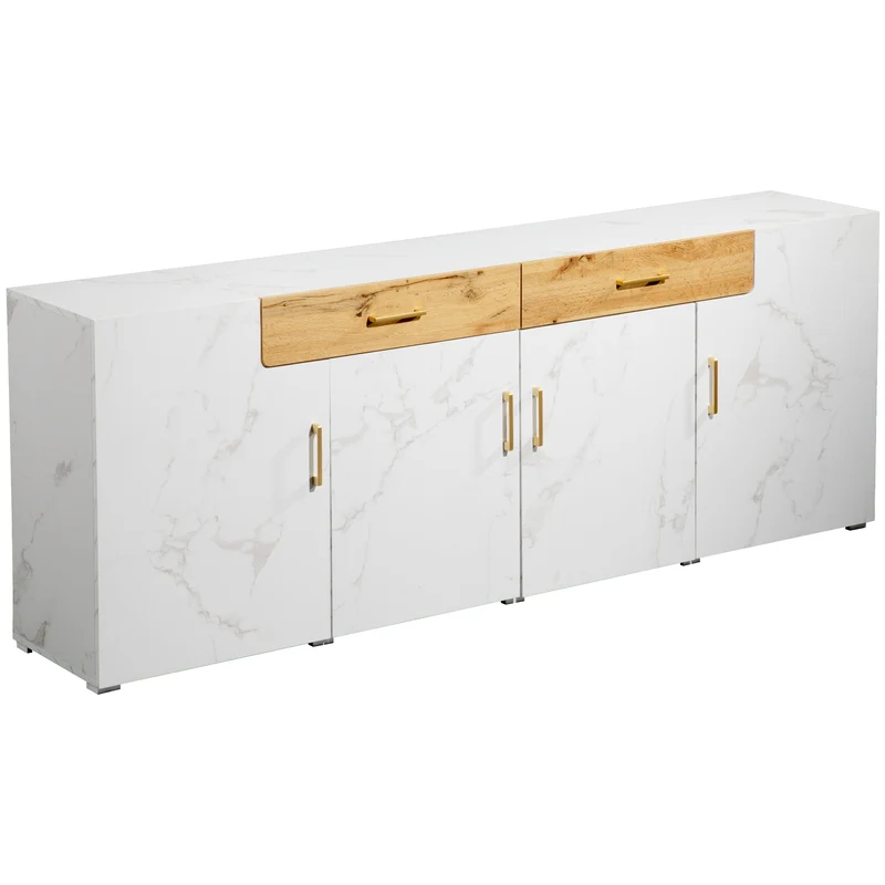 Buffet blanc effet marbre 4 portes 2 tiroirs 208x39,5x80cm ELAD
