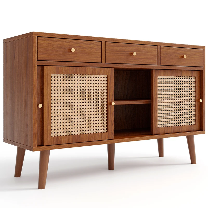 Buffet effet noyer vintage 3 tiroirs et 3 portes coulissantes en rotin UGELL