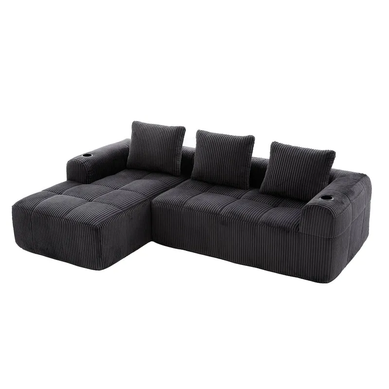 Canapé d'angle modulable en velours côtelé gris foncé – confort premium avec poches latérales et porte-gobelets GNIVATIONPATCH