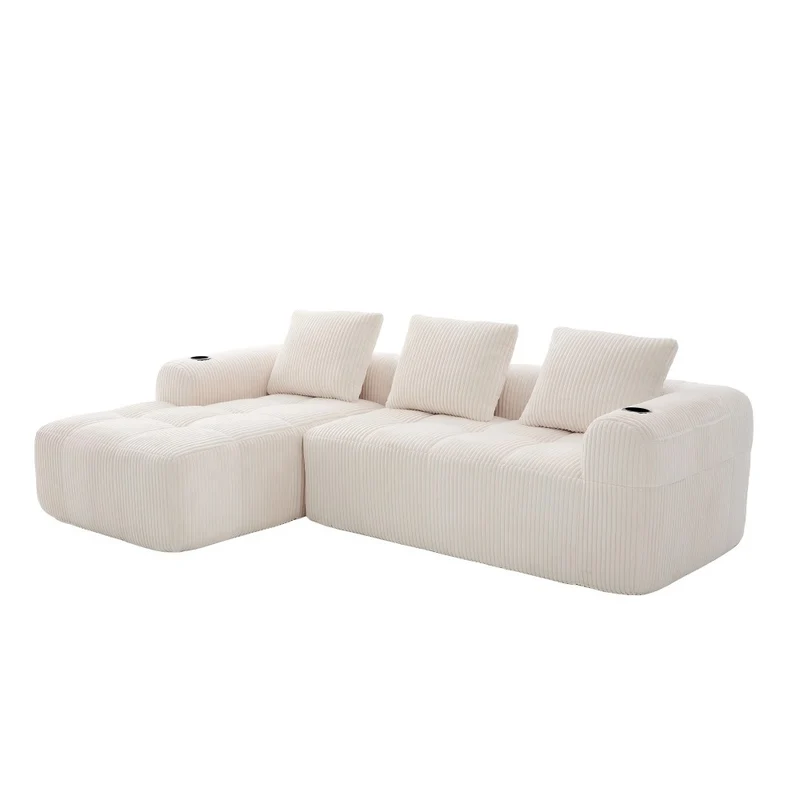 Canapé d'angle 3 places modulable en velours côtelé blanc cassé– confort premium, poches latérales et porte-gobelets ECLIPSEBAND