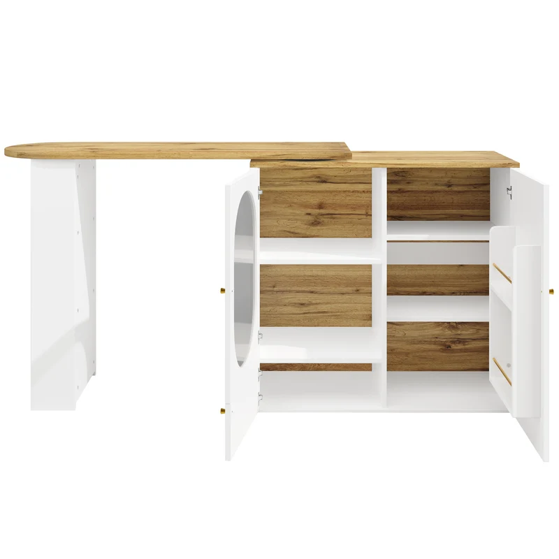Table de bar effet bois et blanc, plateau pivotant à 360° portes en verre canelé FROSTBLOOM