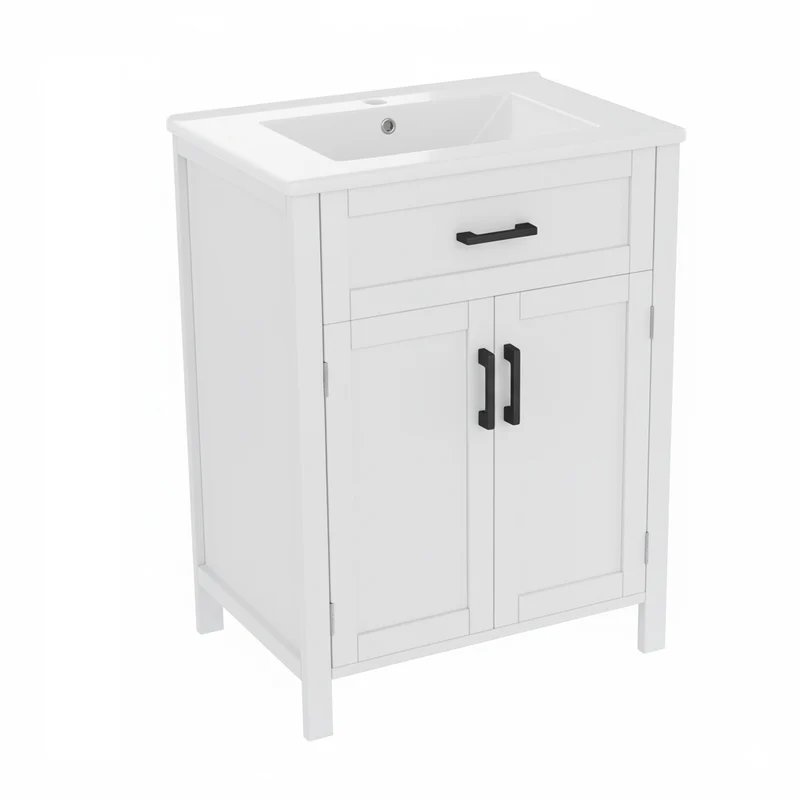 Meuble vasque blanc laqué sur pied 60x46x84cm, vasque blanc en céramique, tiroir basculant et rangement (robinet non inclus) PHOSPHOL