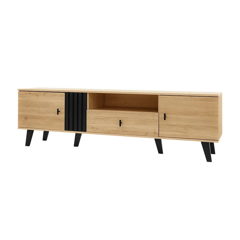 Meuble TV industriel au design bois et noir avec tiroirs diverses fonctions de rangement aspect unique L172cm VRAASTRIK